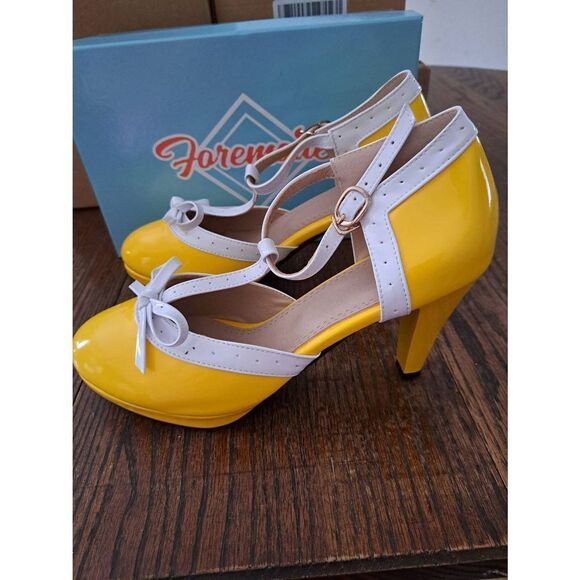 New 10.5 Foremode Yellow White High Heel Mary Jane Platform Pump Dress S… - Picture 8 of 10